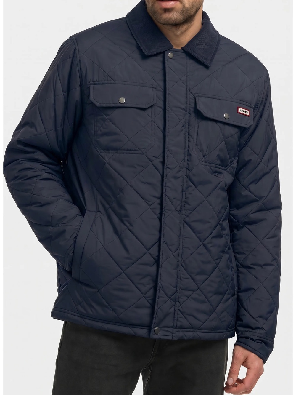 Hunter Men's Quilted Jacket in Navy with Corduroy Collar